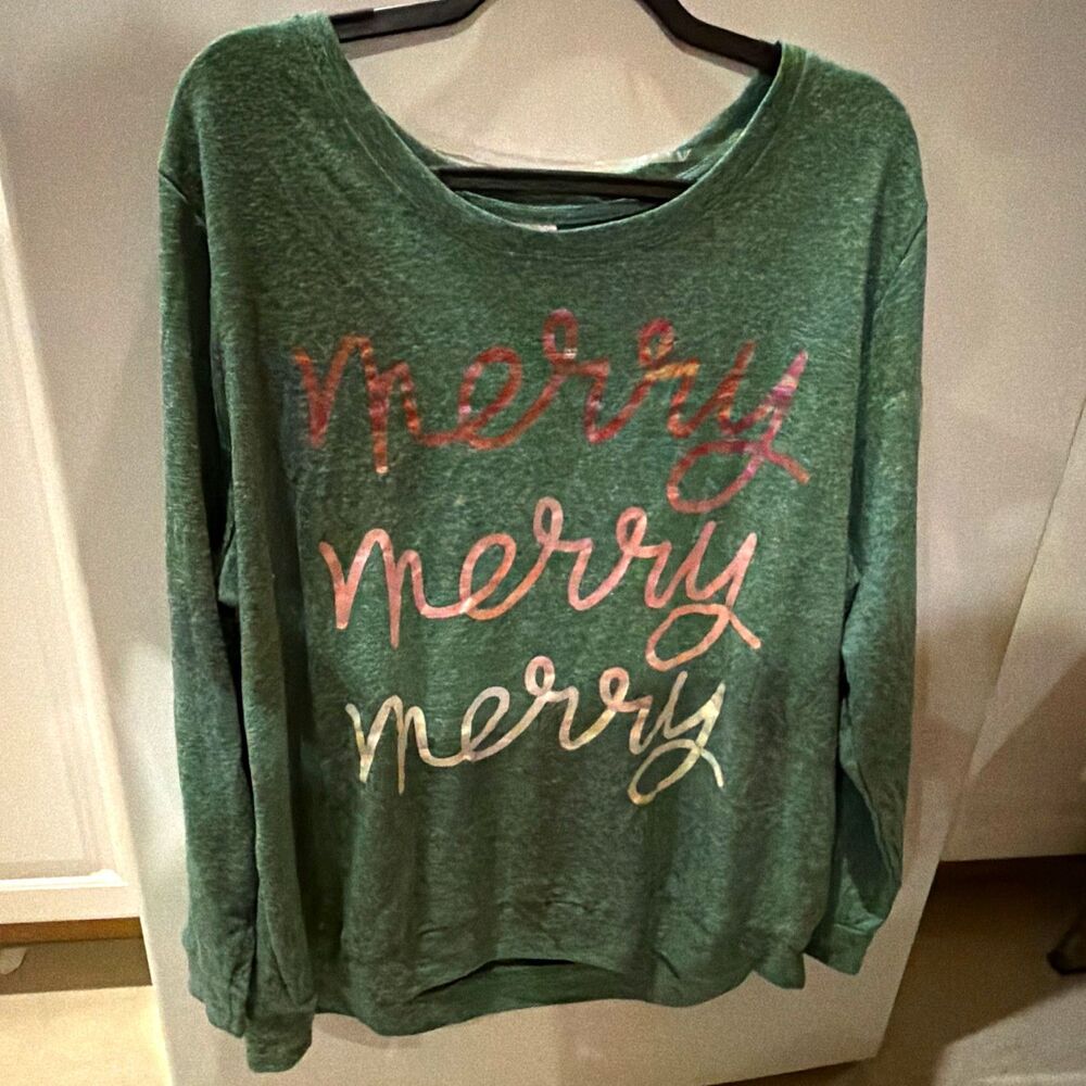 Women’s Green Merry Merry Merry Christmas Graphic Crewneck Sweatshirt 2X New B5